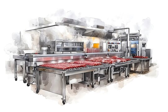 recommend clip art: Watercolor Illustration of Meat Processing Line in a Factory.