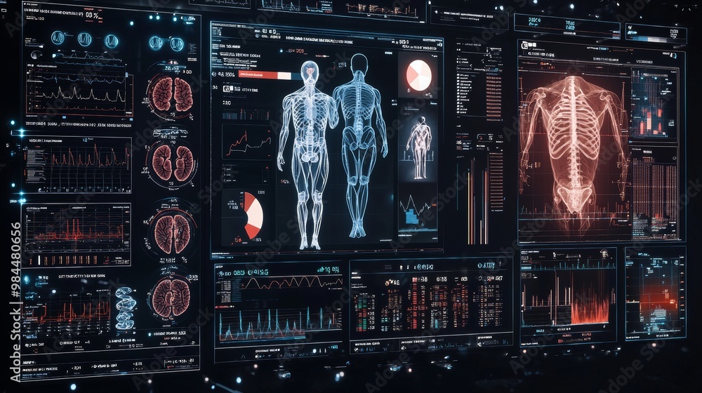 Poster an abstract blue medical user interface with futuristic informationgraphics and technology elements.