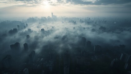 Obraz premium A misty urban skyline with buildings obscured by fog, illuminated by soft sunlight breaking through the clouds.
