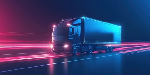 Futuristic truck in motion with neon lights, showcasing speed and innovation in transportation technology.