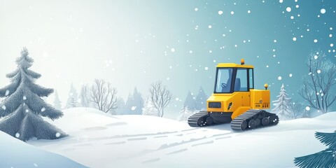 A bright yellow snow plow clears a winter landscape under gentle snowfall, surrounded by snow-covered trees and serene scenery.