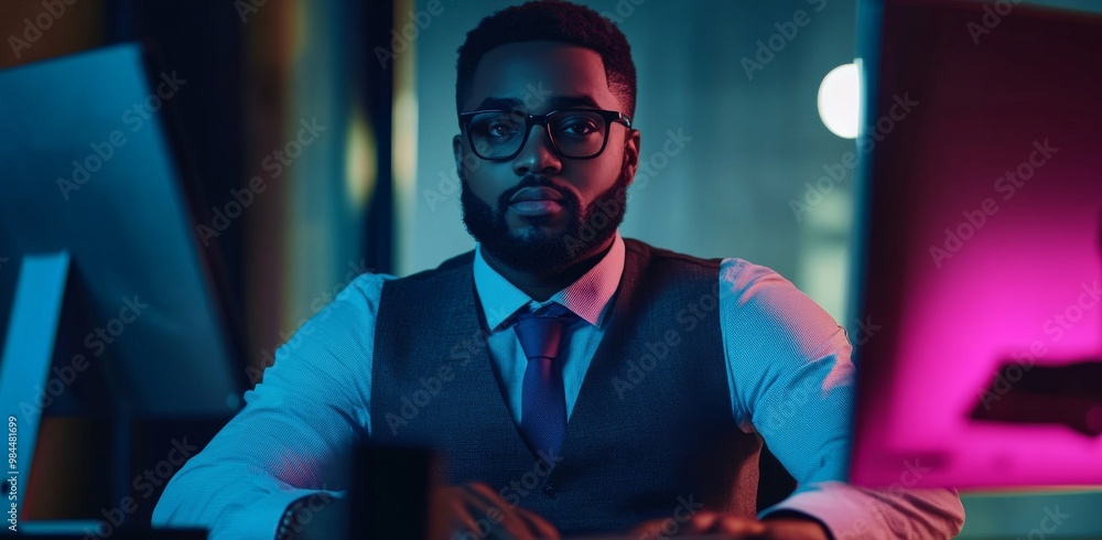 Poster it developer working at a dark office on a computer. cybersecurity analyst in a dark office monitori