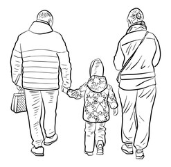 Contour drawing of family casual citizens with little child walking outdoors together, vector hand drawn illustration