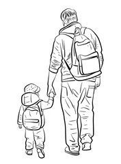 Contour drawing of casual man, parent with little child walking outdoors together, hand drawn vector illustration
