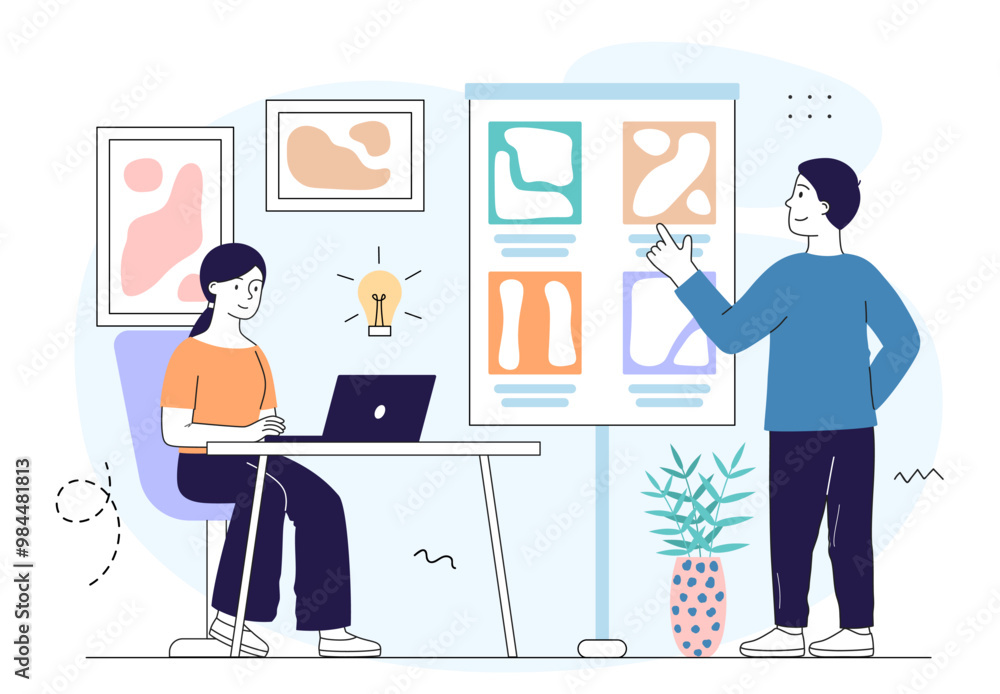 Poster graphic designers with idea. man and woman working on common project. freelancer create ui and ux de