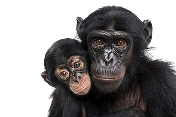 Fototapeta premium A mother chimpanzee lovingly embraces her baby in a close-up portrait showcasing their bond and expressive features on transparent background