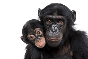 A mother chimpanzee lovingly embraces her baby in a close-up portrait showcasing their bond and expressive features on transparent background