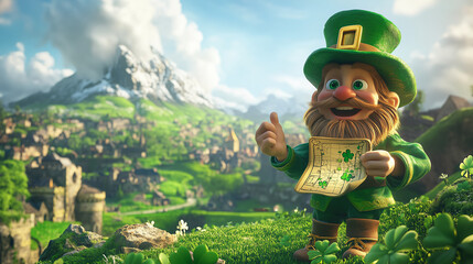 Leprechaun with Map in Irish Countryside.  Happy Leprechaun with Treasure Map in Green Countryside.A cheerful leprechaun holding a treasure map in a lush green countryside, perfect for fantasy, folkl 