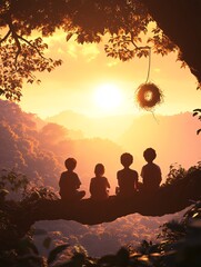 Fototapeta premium Four Children Sitting on Tree Branch Watching Sunrise Over Scenic Mountain Landscape
