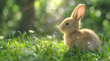 Obraz premium Charming Little Bunny in Grass with Ears Perked Up and Gazing Away