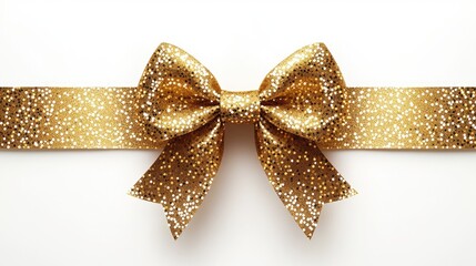 Gold Glitter Gift Bow with Ribbon on White Background