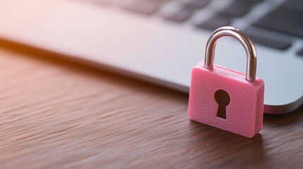 Naklejka premium A pink padlock rests beside laptop on wooden surface, symbolizing security and protection in digital age. This image conveys sense of safety and privacy.