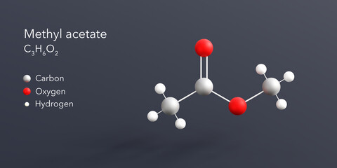 methyl acetate molecule 3d rendering, flat molecular structure with chemical formula and atoms color coding