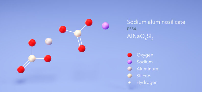 sodium aluminosilicate molecule, molecular structure, e554, 3d model, Structural Chemical Formula and Atoms with Color Coding