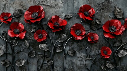 A delicate stucco arrangement is adorned with the delicate petals of poppy flowers.