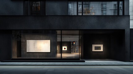 A modern minimalist art gallery with a dark charcoal facade, showcasing contemporary art pieces, located in a bustling cultural quarter