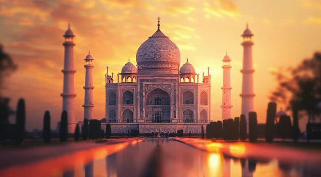 Scene of a mosque building in India at sunset, Camera slow motion with different angles