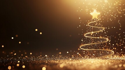Glowing abstract Christmas tree with golden lights, star topper and copy space for text on a dark gradient background. Minimal art banner, poster, cover template