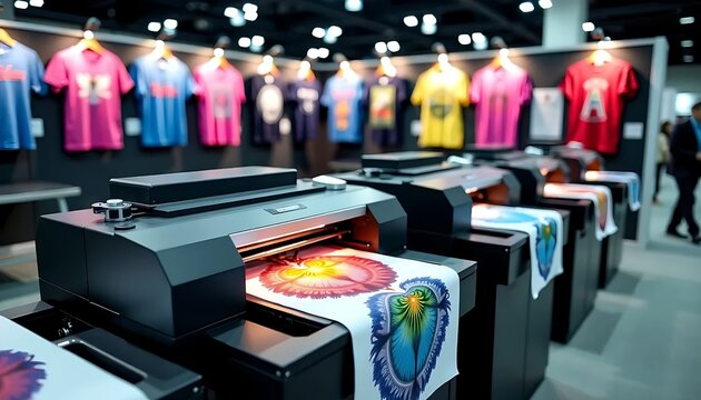 DTF Textile Printing Setup with Printers and Colorful Fabrics: Showcasing Vibrant Designs and Technology