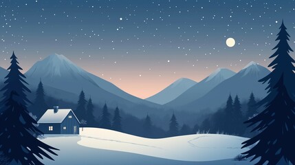 Fototapeta premium Cozy cabin in a snowy mountain landscape under a starry sky with pine trees and a peaceful winter atmosphere