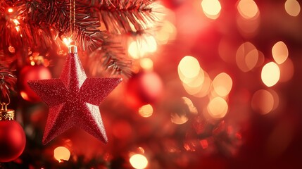 Merry Christmas and Happy New Year greeting card or web banner. Modern beautiful Xmas design with glowing star, copy space for text. Minimal art banner, poster, cover template