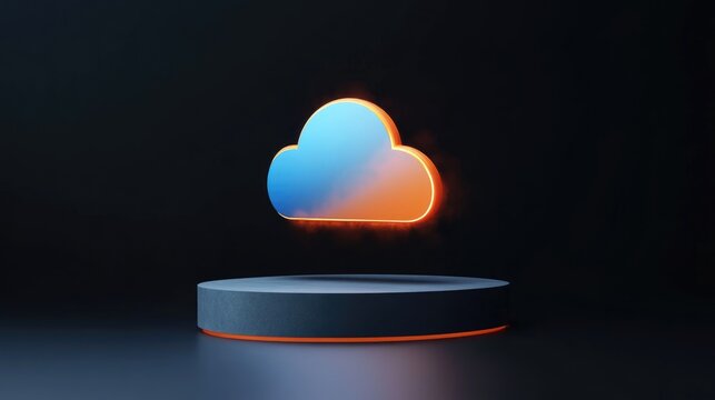 A colorful, illuminated cloud icon hovers above a sleek circular pedestal, creating a captivating focal point with its soft glow, enhancing the contemporary digital atmosphere in the space