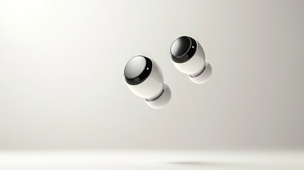   Black-and-white earbuds on a white table beside a white wall