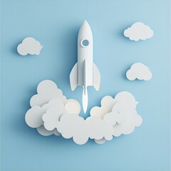 White rocket launching into the sky surrounded by clouds in a minimalist paper-cut style with a light blue background