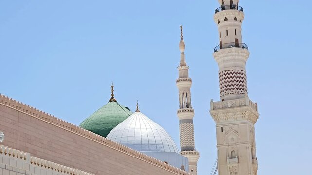 The Minaret and the Green dome of The Prophet's Mosque or Al Masjid Al Nabawi, a major site of pilgrimage that falls under the purview of the Custodian of the Two Holy Mosques