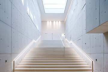 polished concrete stairs in minimalist home, natural light from skylight