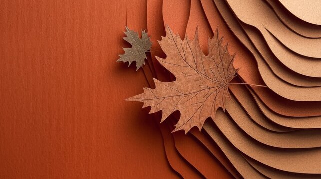 abstract background made from paper cut. Copy space over paper. Bright pastel red, orange, brown, yellow shade tone , paper layer shape are maple leaf, high detial