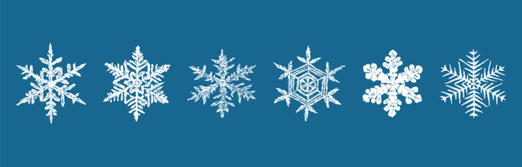 Snowflakes collection, hand drawn, frozen, textured, various christmas decoration, vector illustration