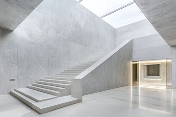 Obraz premium polished concrete stairs in minimalist home, natural light from skylight