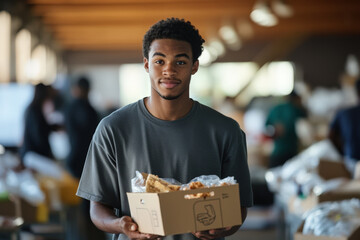 Young adult volunteer is holding a donation box filled with food and water bottles at a community center