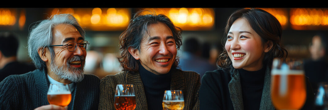 Three friends enjoy drinks and conversation at a bar.