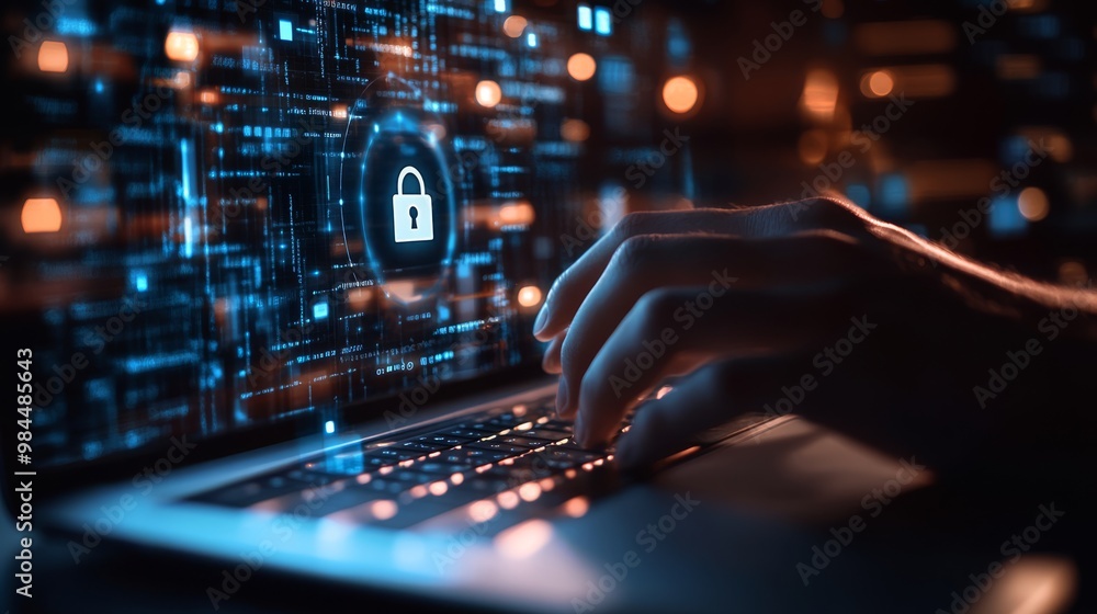 Poster a skilled cybersecurity professional works to protect sensitive data remotely, highlighting the impo