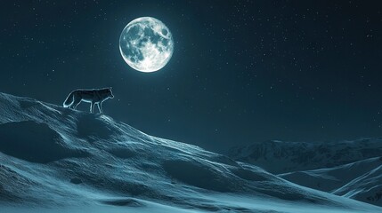 Naklejka premium A wolf perched atop a snow-covered hill beneath a radiant full moon