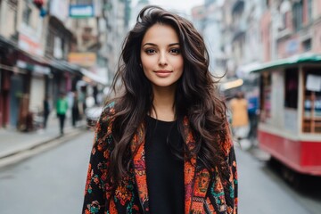 Fototapeta premium Modern Indian Woman in a Vibrant Sunset Street Scene generative ai