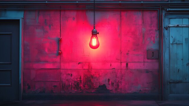 A single red light bulb hangs from a brick wall, casting a warm glow against the backdrop of a vintage industrial setting.