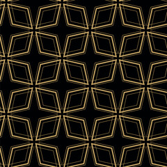 Abstract geometric pattern with crosses, stripes, lines. Seamless vector background. Black and gold ornament. Modern reticulated graphic design.