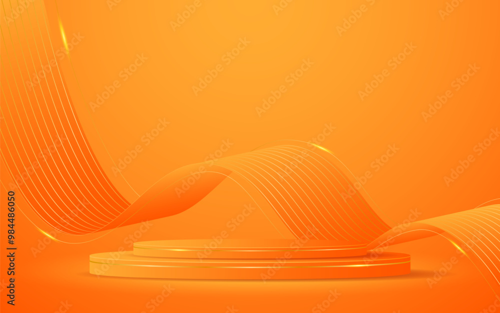 Poster orange podium with elegant gold wave lines on the back for advertisement display. display of cosmeti
