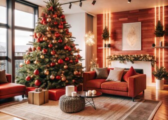 Christmas Tree in a Modern Living Room A sleek, modern Christmas tree in a chic, contemporary living room with minimalist decorations.