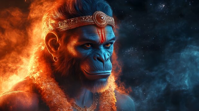 Lord Hanuman Fierce Look with Glowing Eyes | Cosmic Orange and Black Background Epic Wallpaper | Bajarangbali Hindu God Art