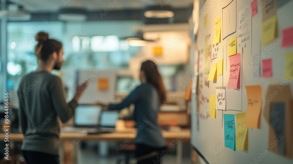 Poster collaborative brainstorming session in a modern office with sticky notes and two team members engage