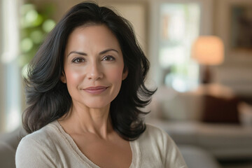 Photo of a beautiful 50 year old Hispanic woman. The woman is in the living room. Advertising banner.