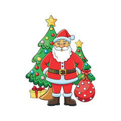 Santa claus and christmas tree Vector art illustration isolated on a white background