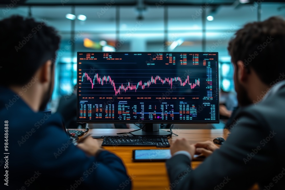 Poster traders analyzing stock market trends and data on large monitors in a modern office setting during d