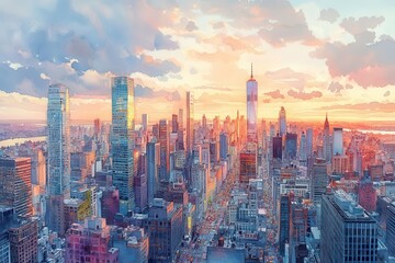 Obraz premium A breathtaking skyline view of a vibrant city at sunset, showcasing modern architecture and a colorful sky filled with clouds.