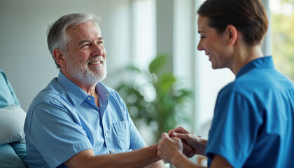 Fototapeta premium Doctor caregiver wearing uniform comforting and supporting senior man, good news about treatment, empathy and care, Close up caring nurse holding smiling mature patient hand at meeting in hospital, 