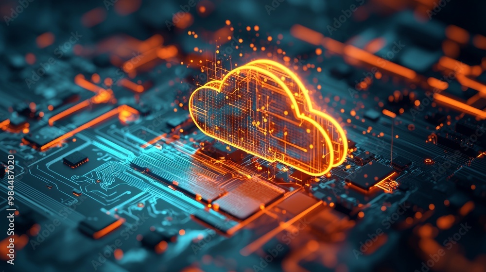 Poster this image shows a futuristic cloud computing infrastructure with glowing connections, integrated wi